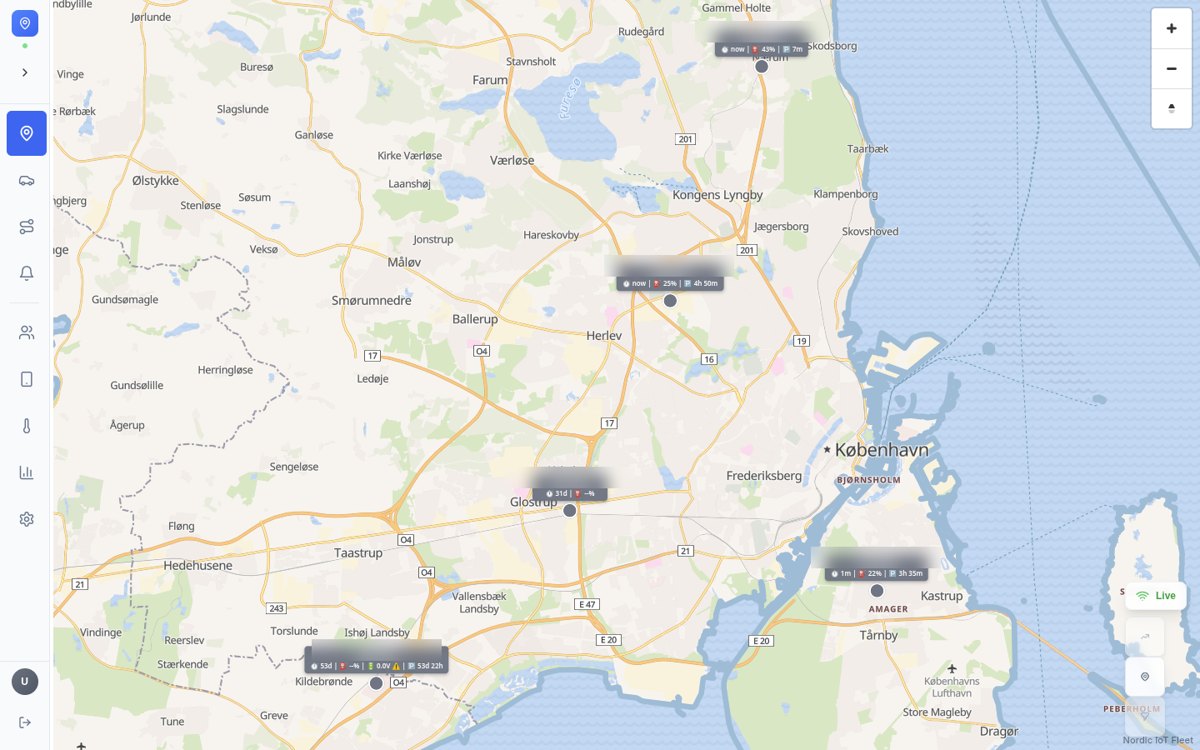 Nordic IoT fleet-tracking platform: live map of vehicle positions across the Copenhagen area (plates anonymised)