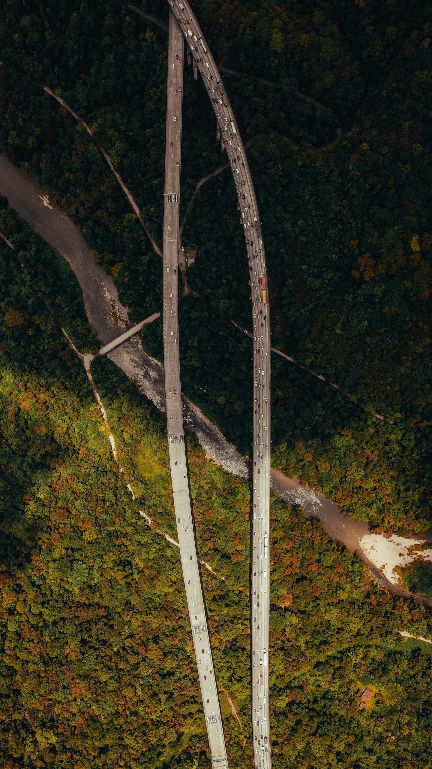 Aerial view of highway infrastructure with connected IoT devices